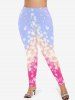 Plus Size Floral Ombre Striped Colorblock Print Skinny Leggings -  