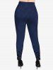 Plus Size Floral Appliques Crystal Denim 3D Print Leggings -  