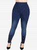 Plus Size Floral Appliques Crystal Denim 3D Print Leggings -  