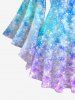 Plus Size Galaxy Ombre Sparkling Sequin Glitter 3D Print Lattice Crisscross Flare Sleeve T-shirt -  