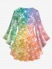 Plus Size Galaxy Ombre Colorblock Sparkling Sequin Glitter 3D Print Lattice Crisscross Flare Sleeve T-shirt -  