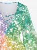 Plus Size Galaxy Ombre Colorblock Sparkling Sequin Glitter 3D Print Lattice Crisscross Flare Sleeve T-shirt -  