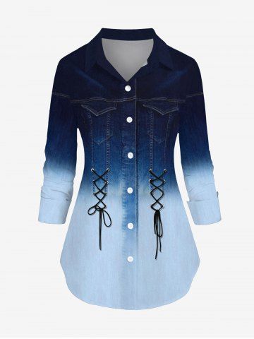 Plus Size Ombre Colorblock Grommets Lace Up Pockets Denim 3D Print Button Down Shirt - DEEP BLUE - XS