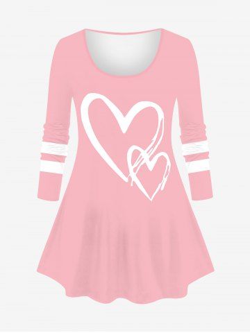 Plus Size Valentine's Day Heart Colorblock Print Long Sleeve Top - LIGHT PINK - XS