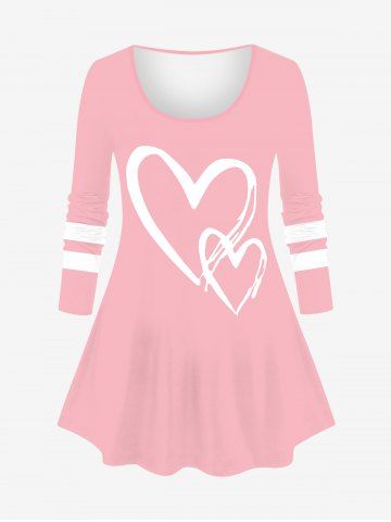 Plus Size Valentine's Day Heart Colorblock Print Long Sleeve Top - LIGHT PINK - 2X