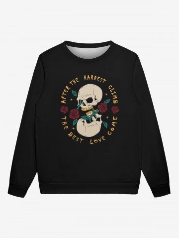 Gothic Valentine's Day Skull Rose Flowers Print Crew Neck Sweatshirt For Men - BLACK - 2XL