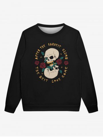 Gothic Valentine's Day Skull Rose Flowers Print Crew Neck Sweatshirt For Men - BLACK - 4XL