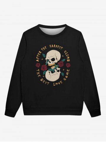 Gothic Valentine's Day Skull Rose Flowers Print Crew Neck Sweatshirt For Men - BLACK - 7XL