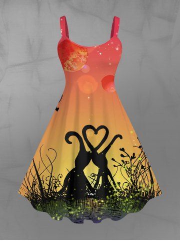 Gothic Moon Lovers Heart Grass Galaxy Printed Valentines Ombre A Line Tank Dress - ORANGE - XS