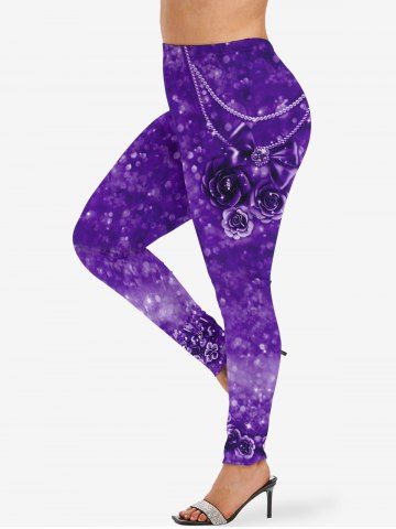 Plus Size Chains Bowknot Rose Flowers Sparkling Sequin Glitter 3D Print Leggings - PURPLE - 3X