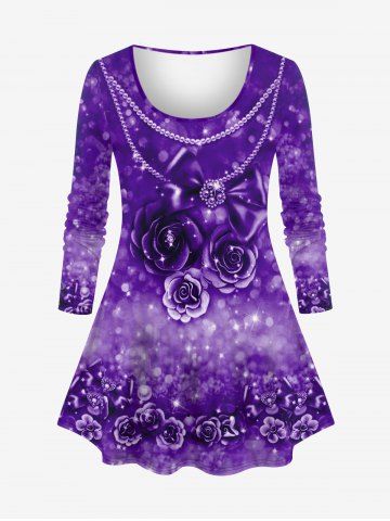 Plus Size Chains Bowknot Rose Flowers Sparkling Sequin Glitter 3D Print Long Sleeve T-shirt - PURPLE - S