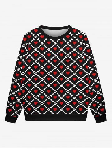 Gothic Valentine's Day Skeleton Heart Cat Feet Print Crew Neck Sweatshirt For Men - BLACK - 3XL