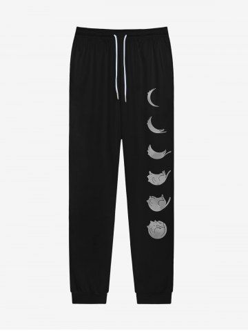 Gothic Cat Moon Print Pockets Drawstring Jogger Pants For Men - BLACK - XS