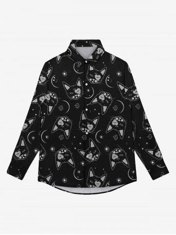 Chemise Boutonnée Gothique Imprimé Chat et Lune Étoile à Paillettes 3D pour Homme
