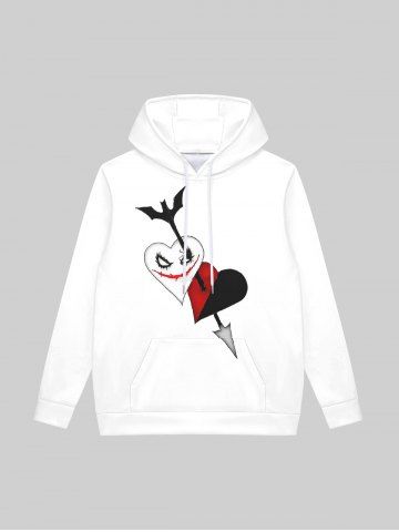 Gothic Valentine's Day Arrow Heart Smile Print Pockets Fleece Lining Drawstring Hoodie For Men - WHITE - M