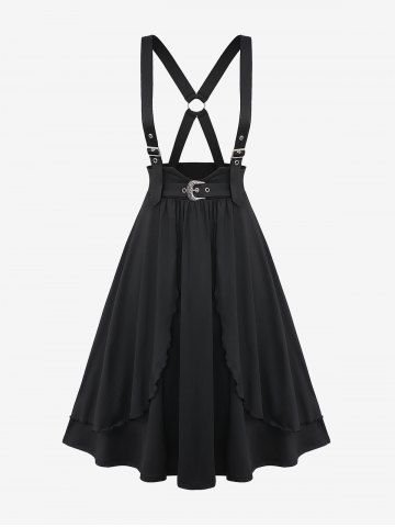 Plus Size Buckle Grommets Crisscross Ruffles Layered Suspender Skirt - BLACK - M | US 10