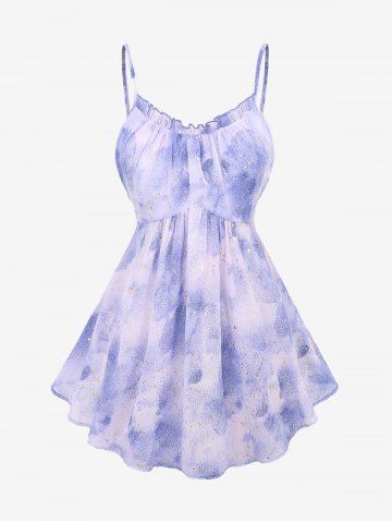 Plus Size Tie Dye Colorblock Ruffles Ruched Hot Stamping Glitter Cami Top and Cinched Textured Ribbed T-shirt