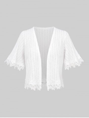 Plus Size Floral Applique Trim Pointelle Textured Solid Open Front Cardigan - WHITE - S | US 8