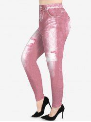 Plus Size Valentine's Day Heart Pockets Distressed Denim 3D Print Leggings -  