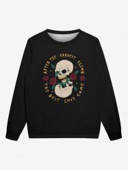 Gothic Valentine's Day Skull Rose Flowers Print Crew Neck Sweatshirt For Men -  