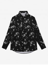 Chemise Boutonnée Gothique Imprimé Chat et Lune Étoile à Paillettes 3D pour Homme - Noir 5XL