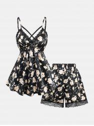 Plus Size Rose Flower Print Lace Trim Crisscross Ruched Bowknot Camisole Set(Adjustable Shoulder Strap) -  