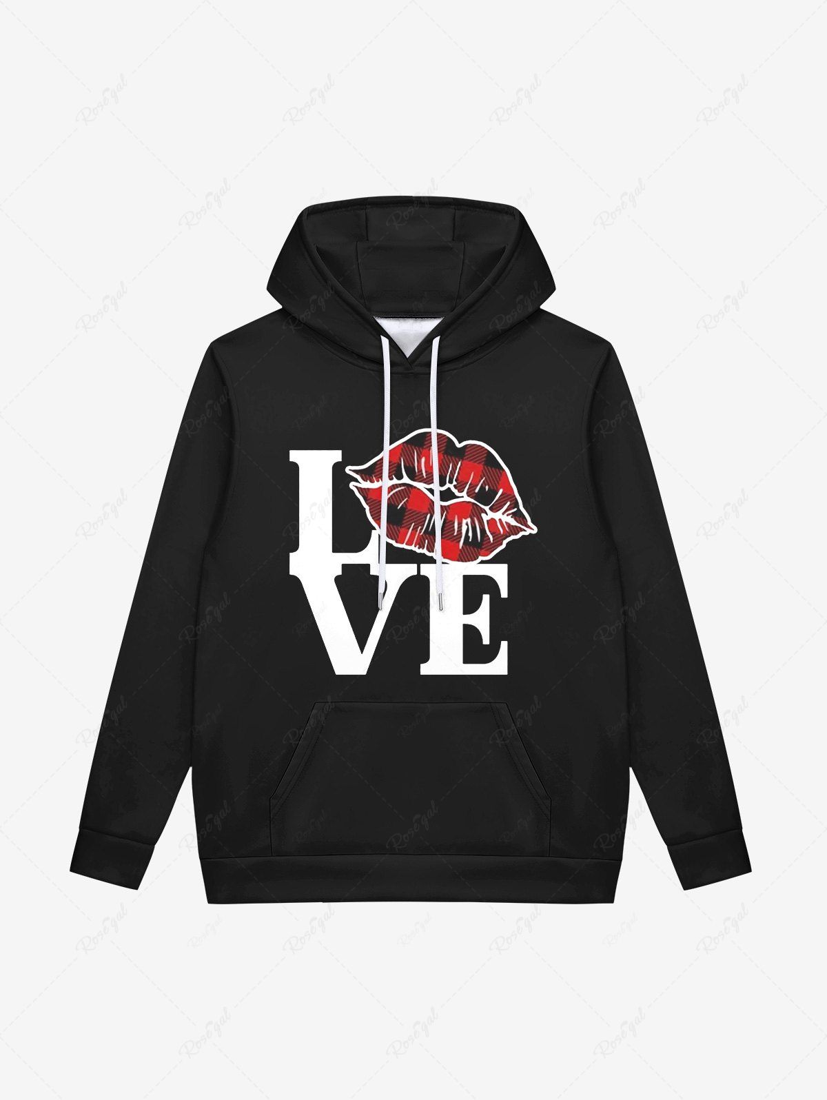 Affordable Gothic Valentine's Day Plaid Lip LOVE Letters Print Pockets Fleece Lining Drawstring Hoodie For Men  