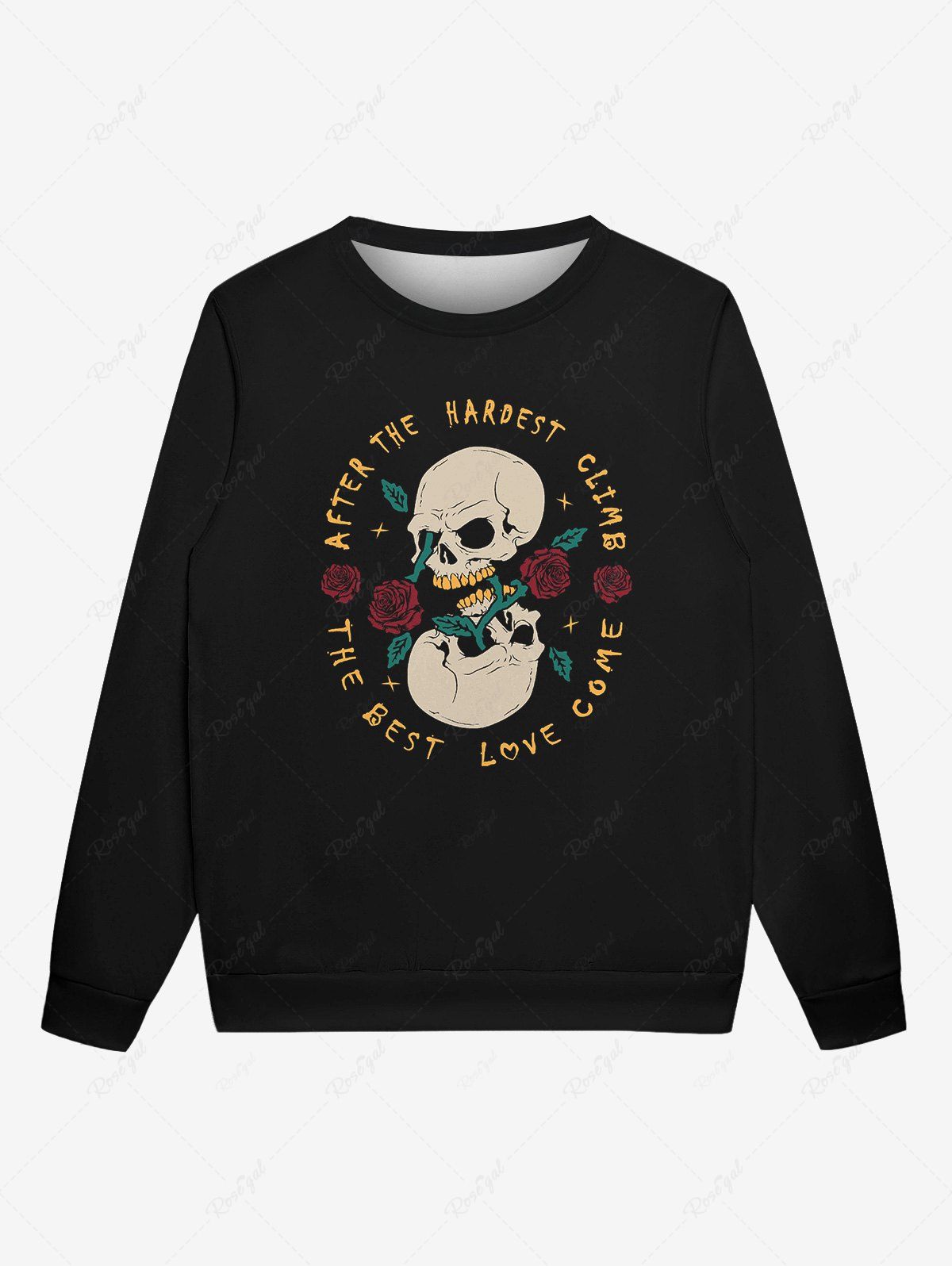 Affordable Gothic Valentine's Day Skull Rose Flowers Print Crew Neck Sweatshirt For Men  