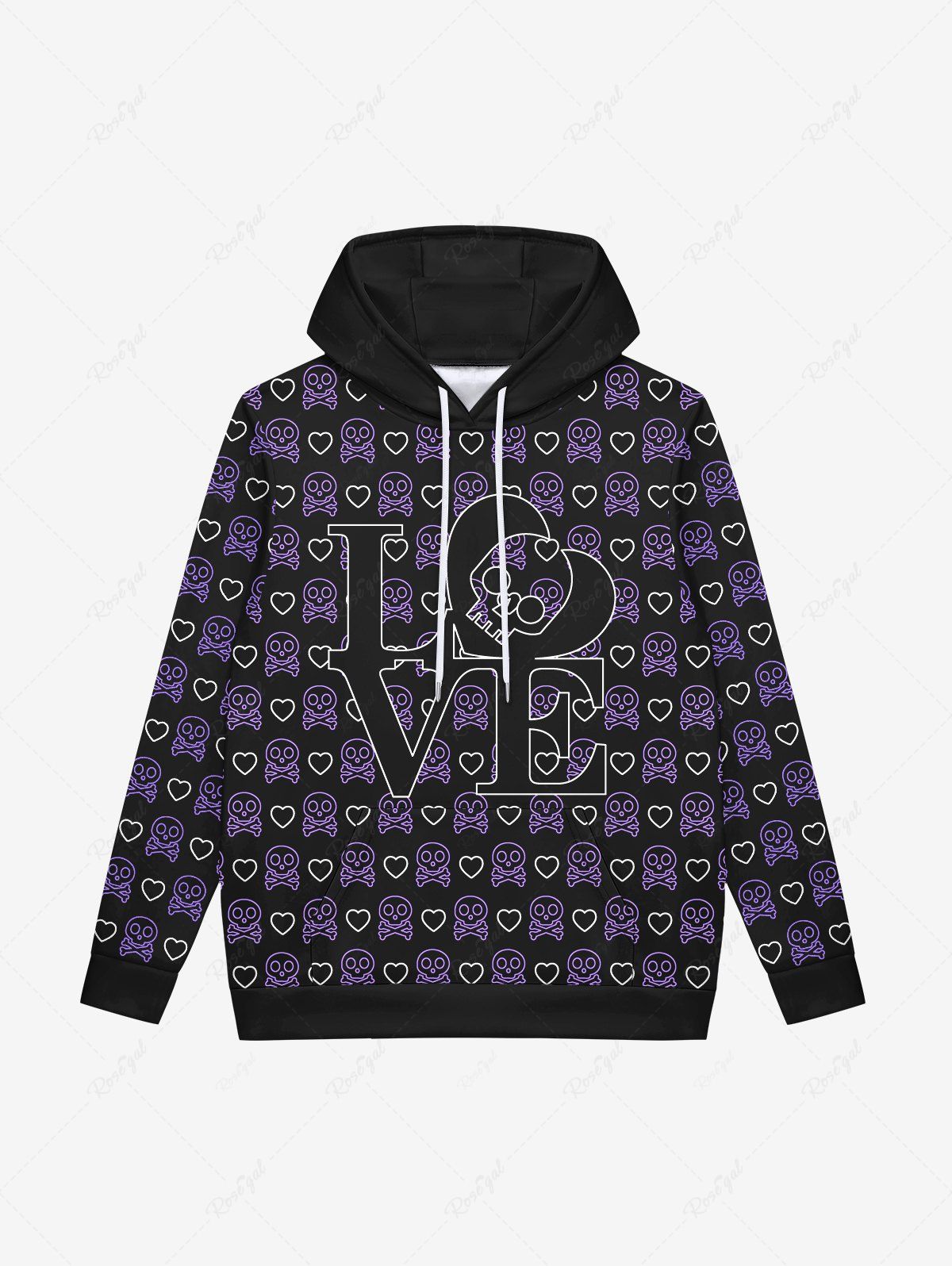 Outfit Gothic Skulls Heart LOVE Letter Print Pockets Fleece Lining Drawstring Hoodie For Men  