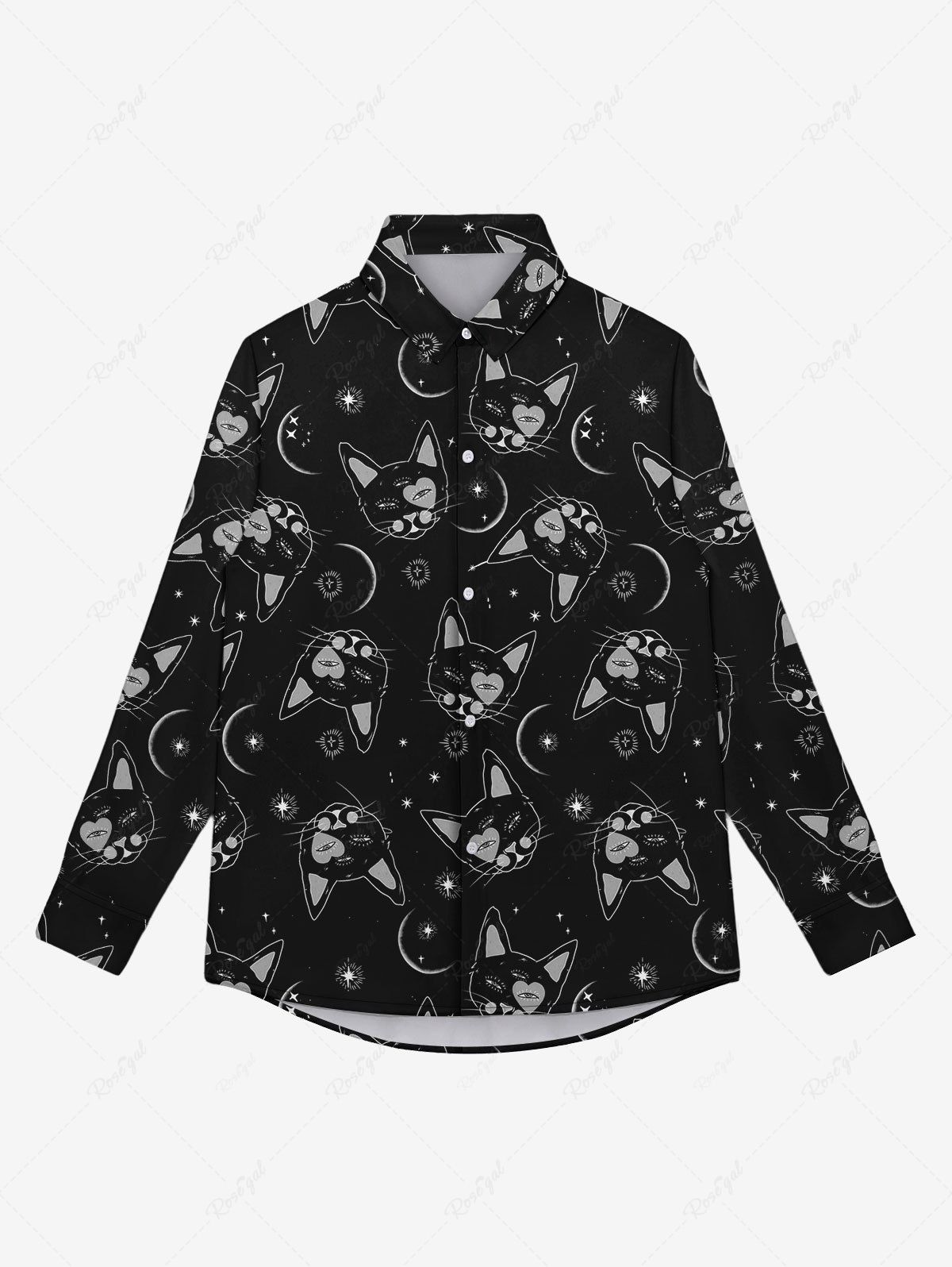 Chemise Boutonnée Gothique Imprimé Chat et Lune Étoile à Paillettes 3D pour Homme Noir 8XL