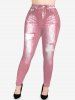 Plus Size Valentine's Day Heart Pockets Distressed Denim 3D Print Leggings -  