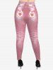 Plus Size Valentine's Day Heart Pockets Distressed Denim 3D Print Leggings -  