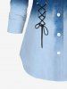 Plus Size Ombre Colorblock Grommets Lace Up Pockets Denim 3D Print Button Down Shirt -  
