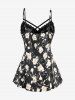 Plus Size Rose Flower Print Lace Trim Crisscross Ruched Bowknot Camisole Set(Adjustable Shoulder Strap) -  