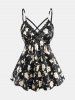 Plus Size Rose Flower Print Lace Trim Crisscross Ruched Bowknot Camisole Set(Adjustable Shoulder Strap) -  