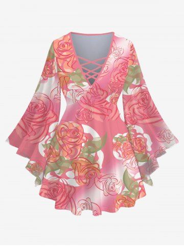 Plus Size Flare Sleeves Rose Flower Leaf Print Ombre Lattice Valentines Top - LIGHT PINK - M
