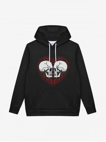 Gothic Valentine's Day Heart Skulls Print Pockets Fleece Lining Drawstring Hoodie For Men - BLACK - M