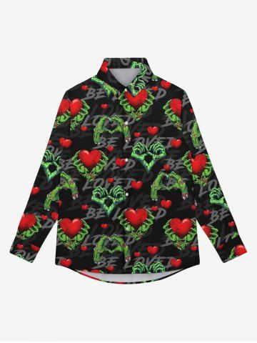 Gothic Valentine's Day Heart Skeleton Claw Print Button Down Shirt For Men - DEEP GREEN - M