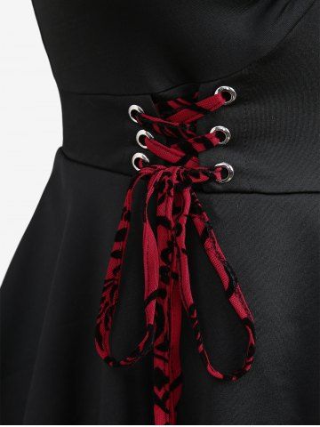 Plus Size Floral Flocking Tulip Hem Layered Ruffles Lace Up Ruched Heart Buckles Tank Top