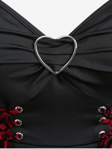 Plus Size Floral Flocking Tulip Hem Layered Ruffles Lace Up Ruched Heart Buckles Tank Top