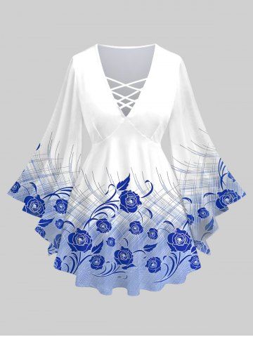 Plus Size Plaid Rose Flowers Colorblock Print Lattice Crisscross Flare Sleeve Top - BLUE - XS