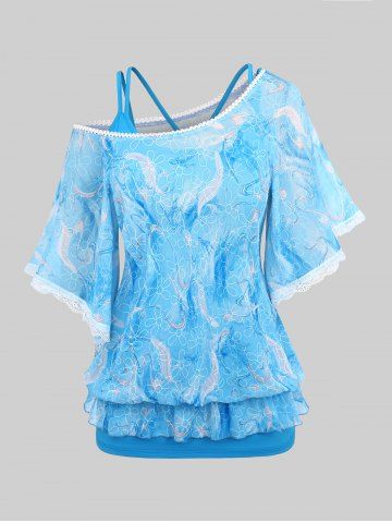 Plus Size Solid Crisscross Cami Top and Skew Neck Flutter Sleeves Lace Trim Floral Feather Print Mesh Ruffles Layered T-shirt Set - BLUE - M | US 10