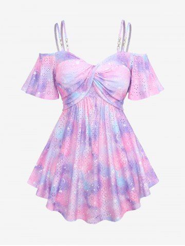 Plus Size Ombre Tie Dye Galaxy Moon Star Print Twist Chains Hollow Out Cold Shoulder Top - PURPLE - 4X | US 26-28