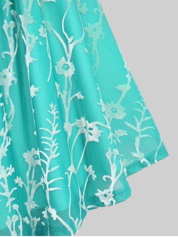 Plus Size Floral Flocking Mesh Surplice Bowknot Buttons Chains Panel  Ruched Ruffles Lace Trim Tie 2 In 1 Top