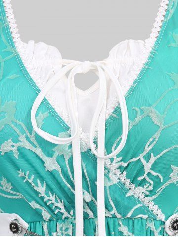 Plus Size Floral Flocking Mesh Surplice Bowknot Buttons Chains Panel  Ruched Ruffles Lace Trim Tie 2 In 1 Top