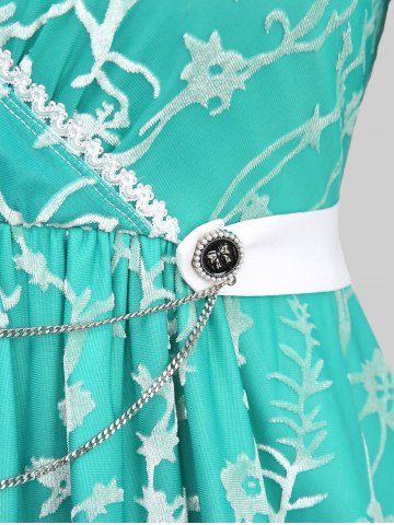 Plus Size Floral Flocking Mesh Surplice Bowknot Buttons Chains Panel  Ruched Ruffles Lace Trim Tie 2 In 1 Top