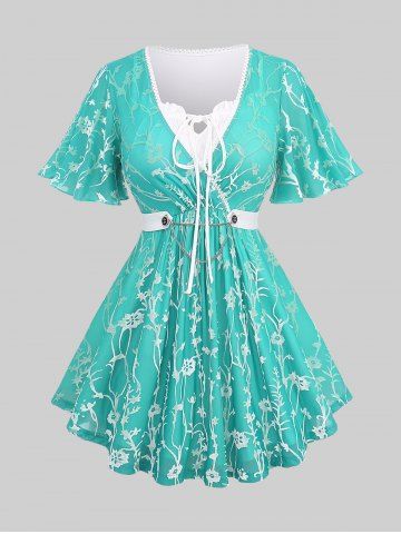 Plus Size Floral Flocking Mesh Surplice Bowknot Buttons Chains Panel  Ruched Ruffles Lace Trim Tie 2 In 1 Top - GREEN - 1X | US 14-16