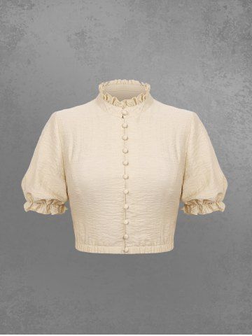 Gothic Puff Sleeves Ruffles Neck Full Buttons Solid Textured Cropped Top - LIGHT COFFEE - L | US 12