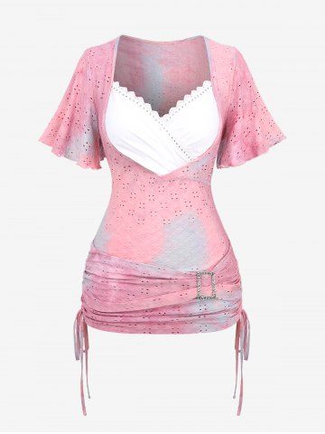 Plus Size Flutter Sleeve Laser Cut Floral Cinched Side Ruched Buckle Tie Dye Ombre Lace Trim 2 in 1 Top - LIGHT PINK - 1X | US 14-16