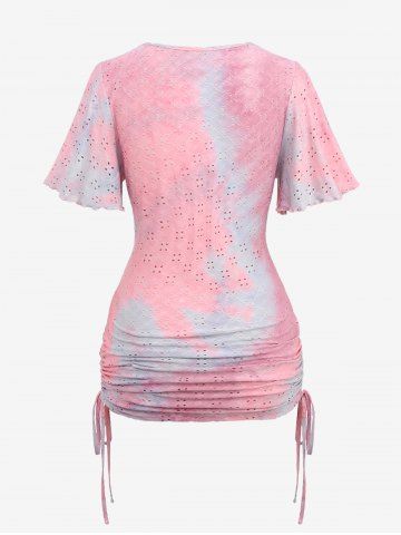 Plus Size Flutter Sleeve Laser Cut Floral Cinched Side Ruched Buckle Tie Dye Ombre Lace Trim 2 in 1 Top